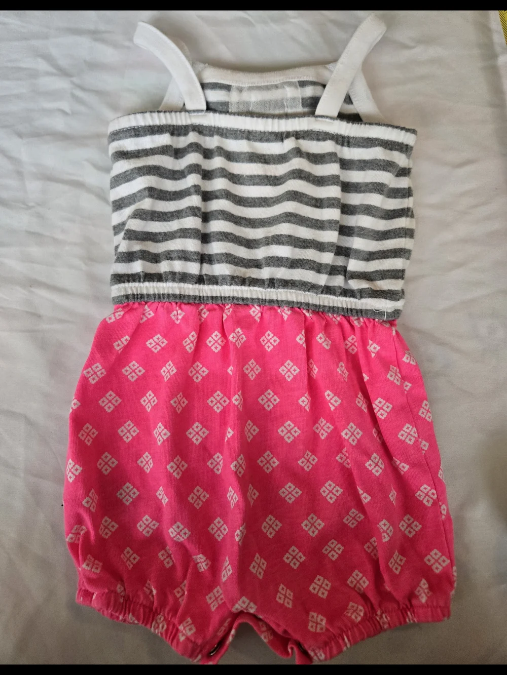 Cherokee Gray-White Striped Top with Hot Pink Patterned Bottom Romper